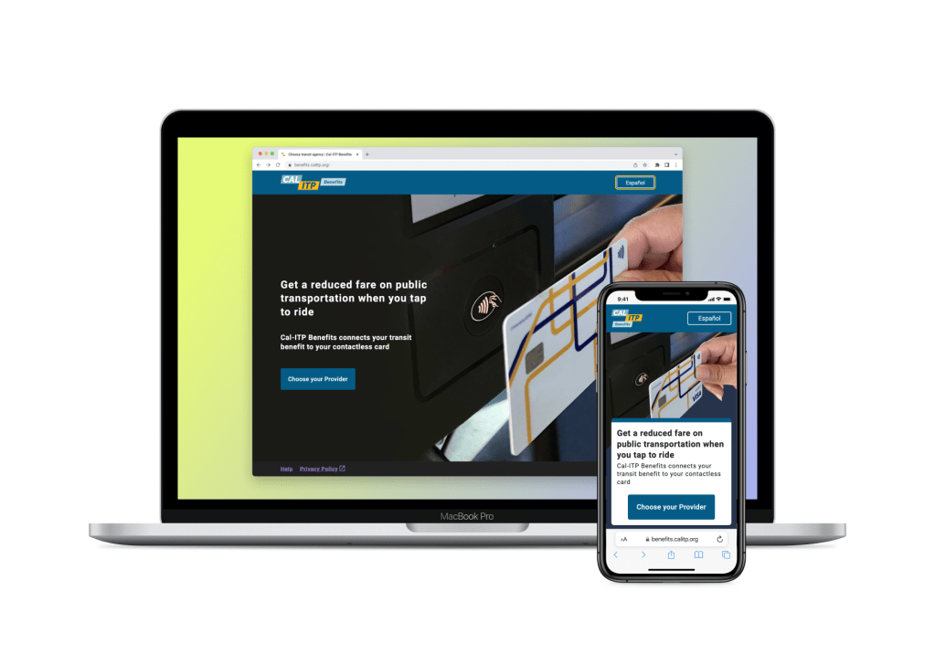 A laptop and phone displaying the Cal-ITP Benefits website